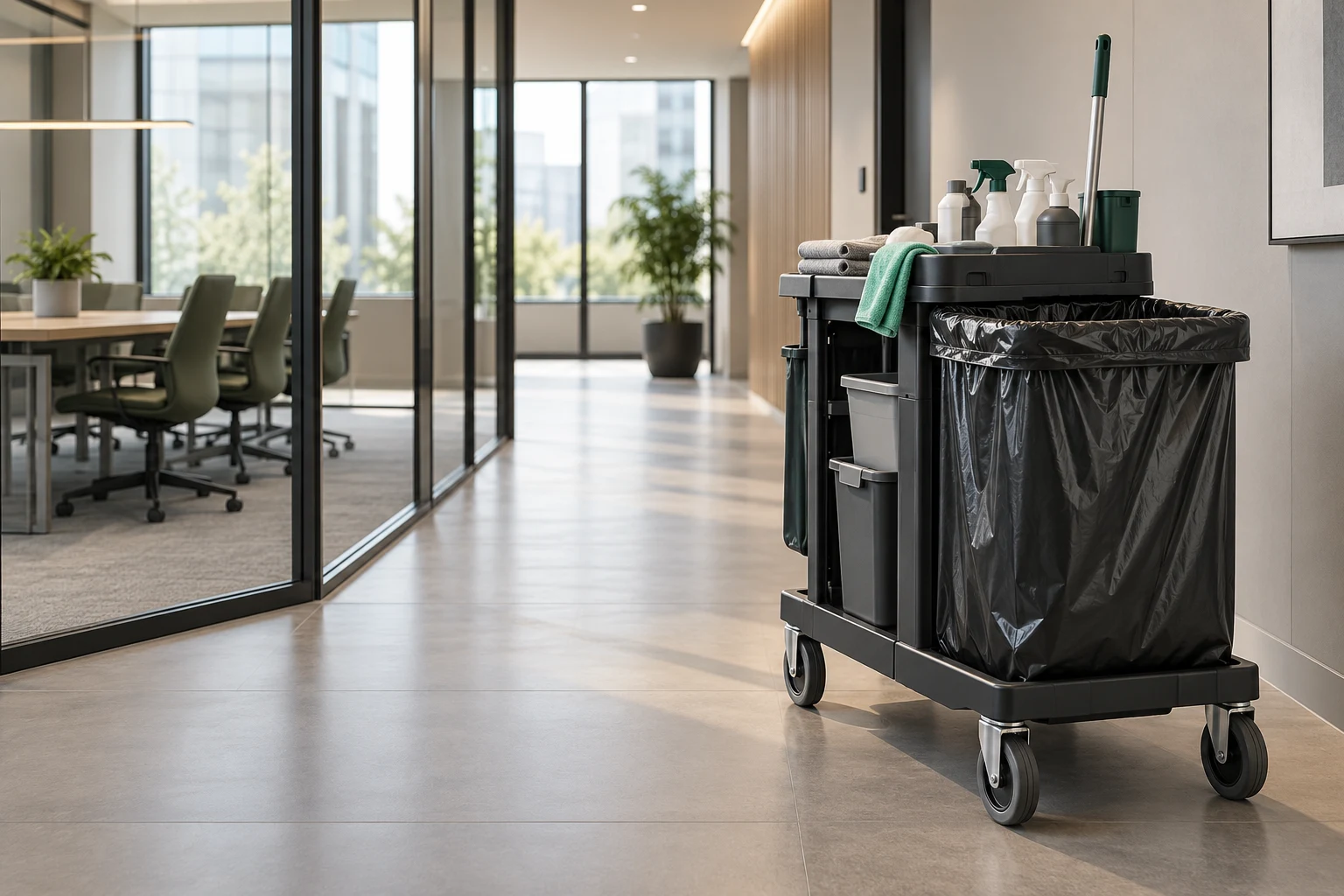 AI-generated office service corridor with a cleaning cart and plain black waste liner