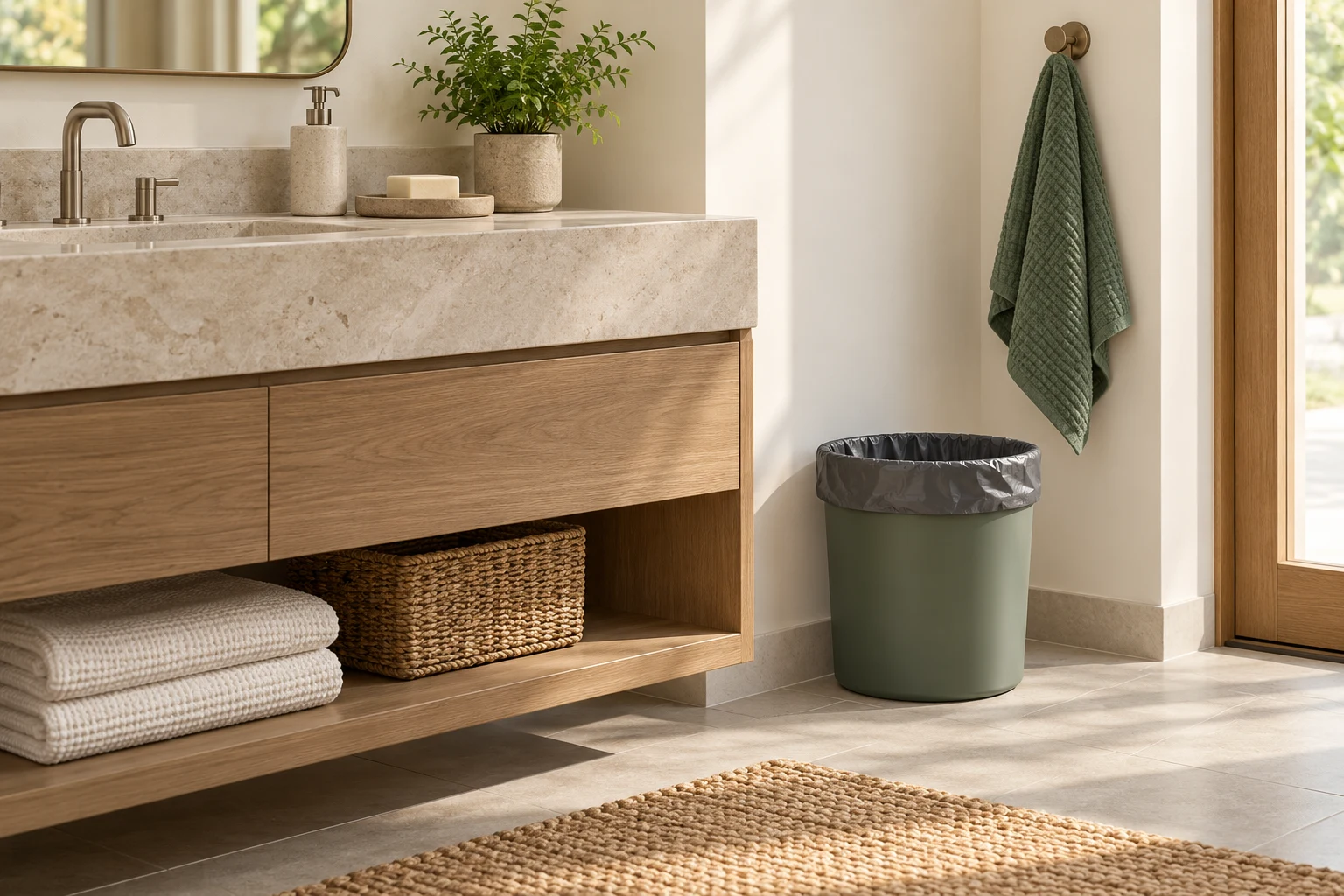 AI-generated bathroom scene with a compact bin and dark-grey liner