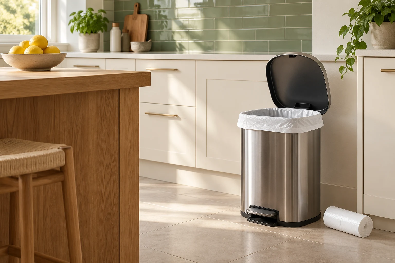 AI-generated kitchen scene with an open pedal bin and a plain white liner