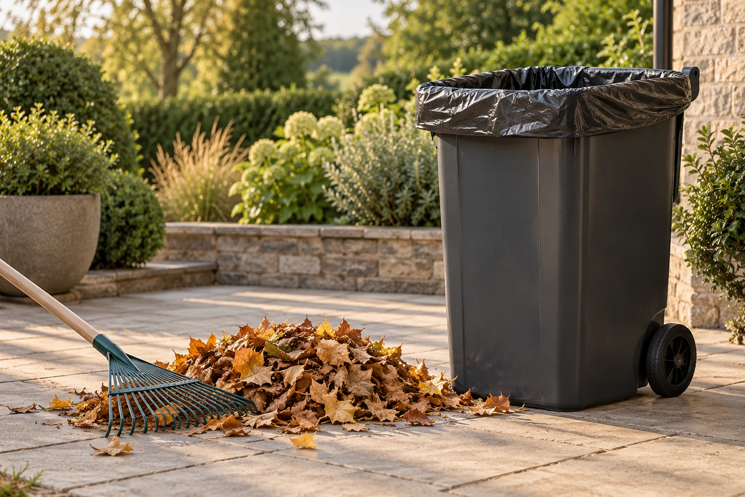 AI-generated garden terrace with an outdoor bin, black liner, rake and dry leaves
